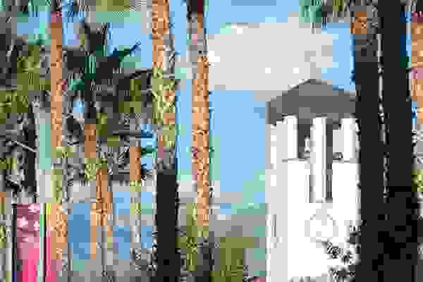 Hunsaker Plaza Clocktower behind Palm Trees